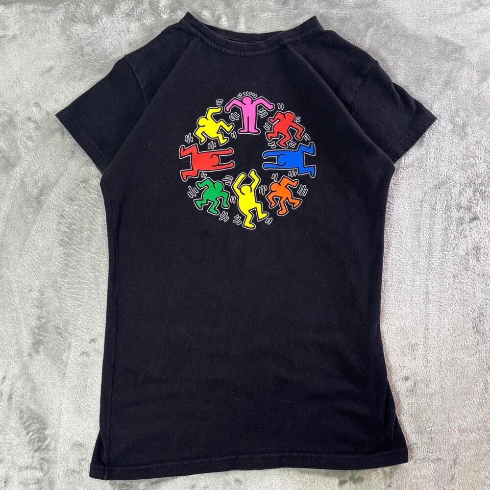 Keith Haring Graphic Tee Black Multicolor Dancing Figures Art Shirt Women’s M
